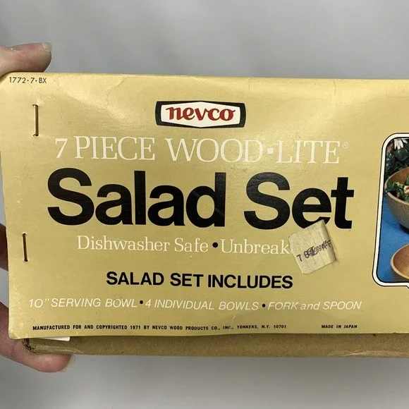 Vintage Nevco 7 Pc Wood Lite Salad Set Plastic Serving Bowl Salad Bowls Utensils - Picture 3 of 11
